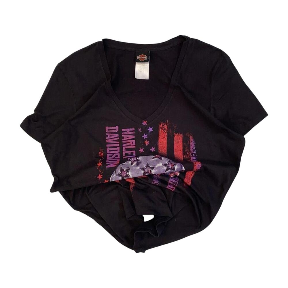 Harley Davidson Women's American Flag Skull Short Sleeve‎ T Shirt Black XL